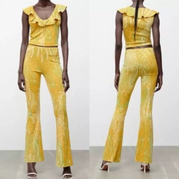 NWT Zara Jacquard Yellow and Green Paisley Flare Pants - Picture 5 of 7
